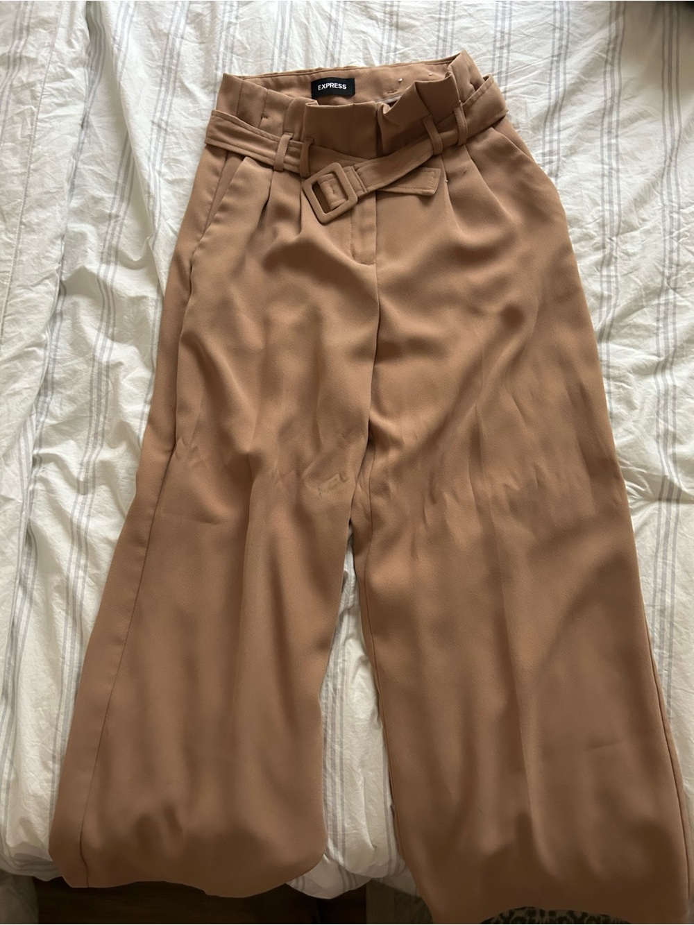 Express Camel High-Waisted Belted Wide-Leg Pants